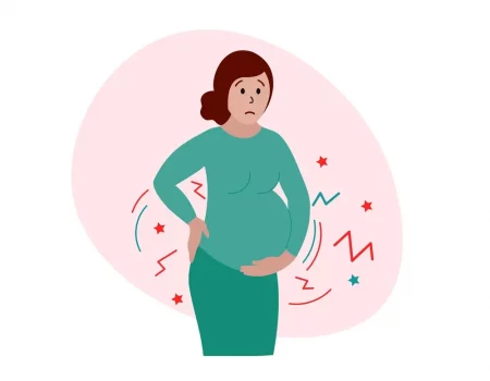 Pregnant woman suffering from childbirth pains - false labor contractions concept